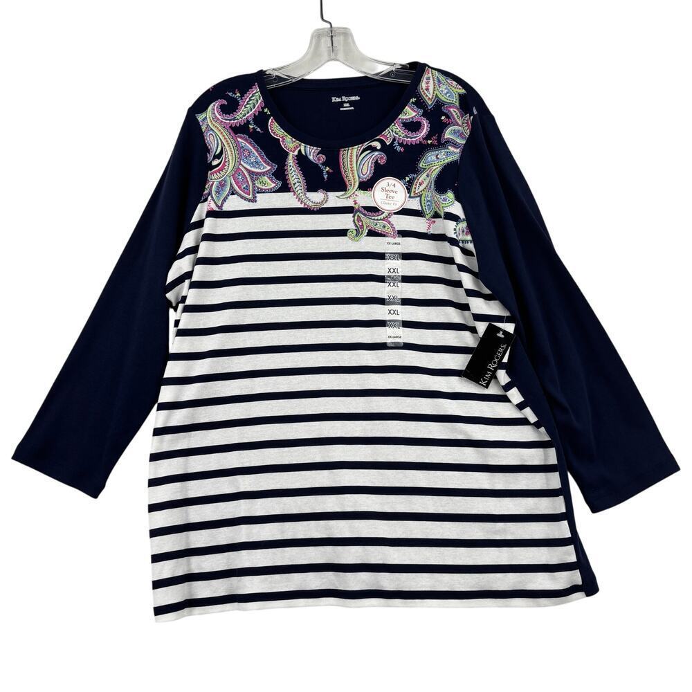 Kim Rogers 3/4 Sleeve Tee Shirt Top Size XXL Blue White Stripe Paisley Stretch